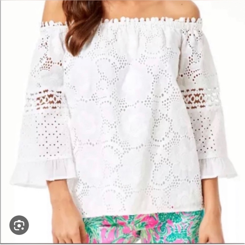 Lilly Pulitzer Laurenne Off The Shoulder Top Resort White Jumbo Bouquet EyeletXS